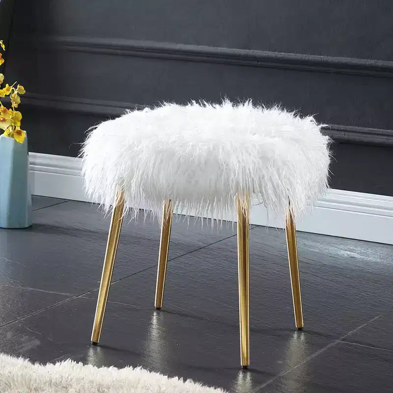 GDFStudio Ravni Modern Faux Fur Ottoman with Gold Legs