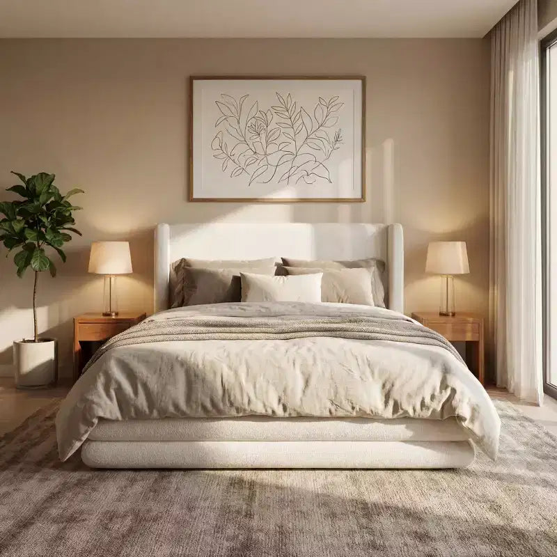 ModernLuxe Queen/King Size Bed Frame with Wingback Headboard, Modern Boucle Upholstered Platform Bed, White