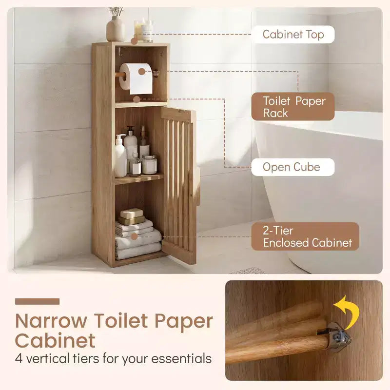 Mobiletto bagno sottile con porta rotolo e anta portaoggetti, Naturale