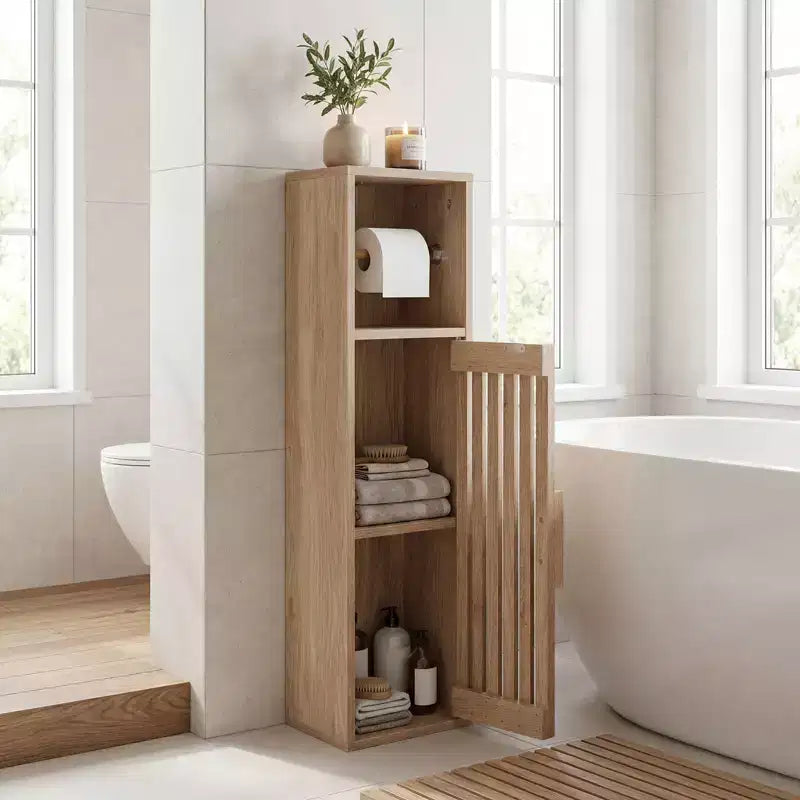 Mobiletto bagno sottile con porta rotolo e anta portaoggetti, Naturale
