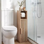 Mobiletto bagno sottile con porta rotolo e anta portaoggetti, Naturale