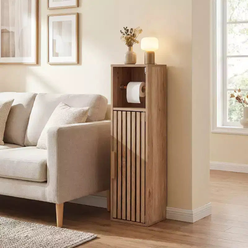 Mobiletto bagno sottile con porta rotolo e anta portaoggetti, Naturale