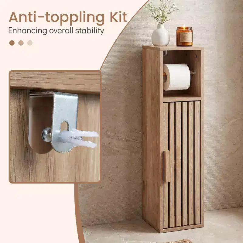 Mobiletto bagno sottile con porta rotolo e anta portaoggetti, Naturale
