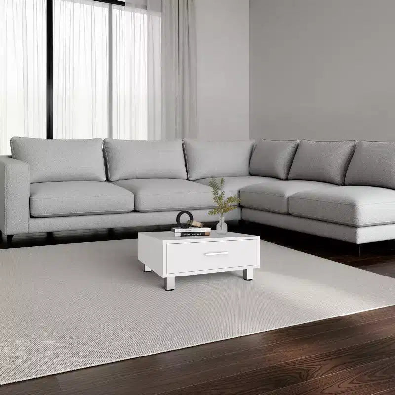 Tavolino moderno con cassetto portaoggetti e base a 4 gambe