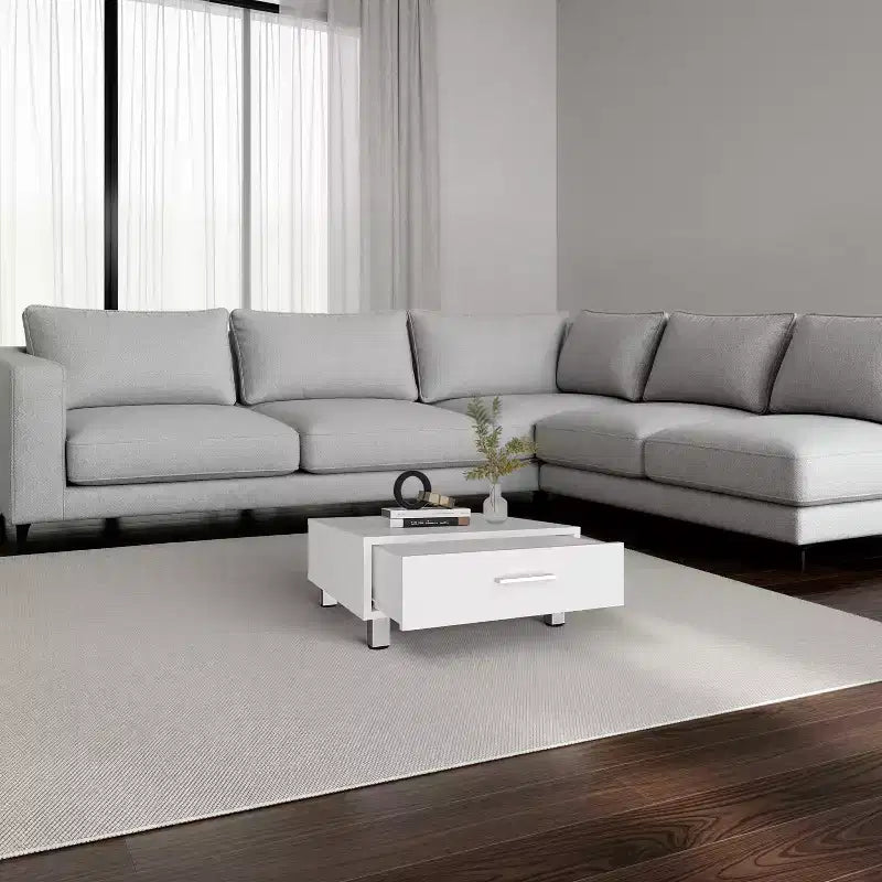 Tavolino moderno con cassetto portaoggetti e base a 4 gambe