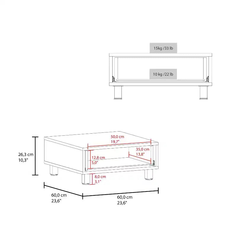 Tavolino moderno con cassetto portaoggetti e base a 4 gambe