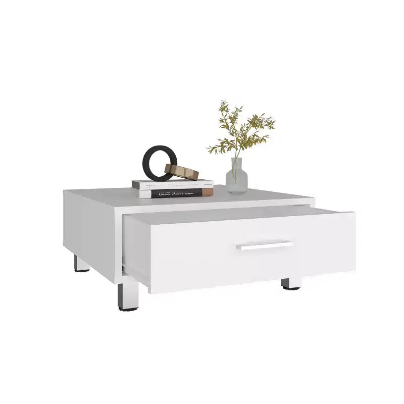 Tavolino moderno con cassetto portaoggetti e base a 4 gambe