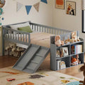 Twin Bed Frame with Storage Shelf, Slide and Ladder, Wood Platform Bed with Guardrail, Gray