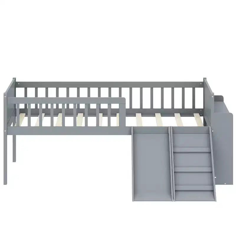 Struttura Letto a Soppalco Singolo per Bambini con Scivolo, Scala, Scaffale e Sponda di Protezione – Grigio