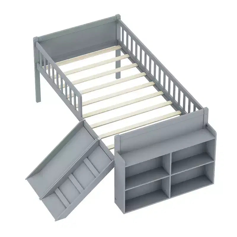 Struttura Letto a Soppalco Singolo per Bambini con Scivolo, Scala, Scaffale e Sponda di Protezione – Grigio