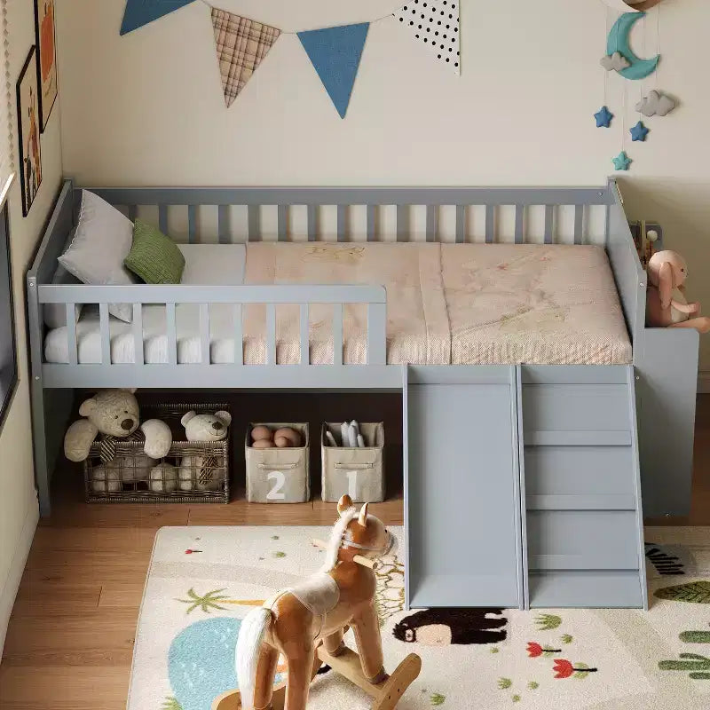 Struttura Letto a Soppalco Singolo per Bambini con Scivolo, Scala, Scaffale e Sponda di Protezione – Grigio