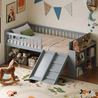 Struttura Letto a Soppalco Singolo per Bambini con Scivolo, Scala, Scaffale e Sponda di Protezione – Grigio
