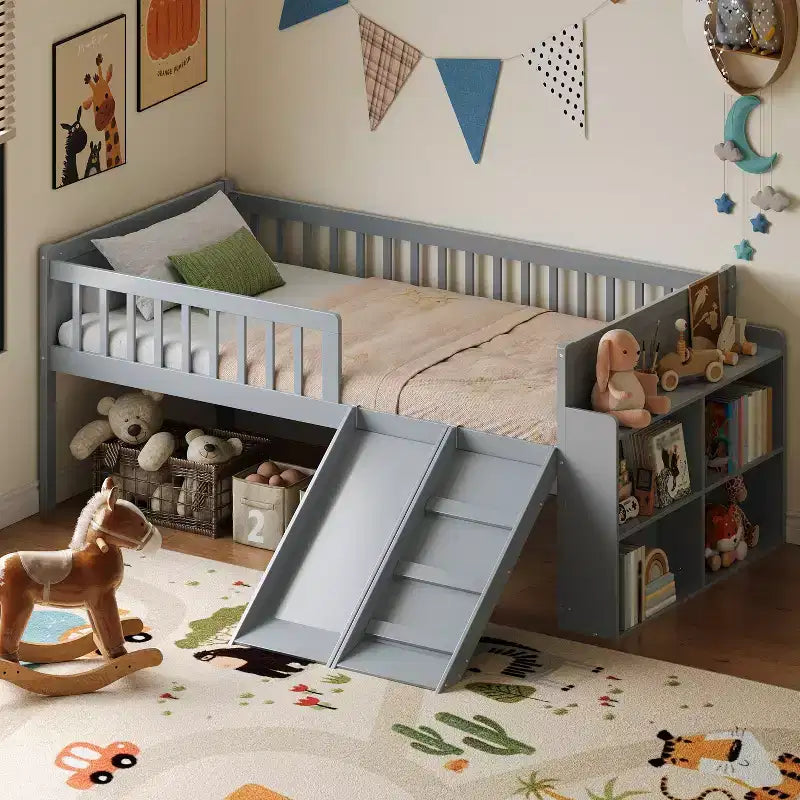 Struttura Letto a Soppalco Singolo per Bambini con Scivolo, Scala, Scaffale e Sponda di Protezione – Grigio