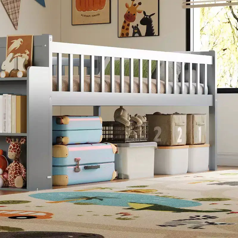 Struttura Letto a Soppalco Singolo per Bambini con Scivolo, Scala, Scaffale e Sponda di Protezione – Grigio