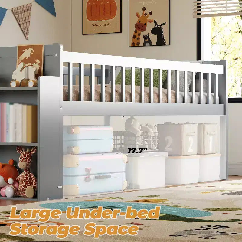 Struttura Letto a Soppalco Singolo per Bambini con Scivolo, Scala, Scaffale e Sponda di Protezione – Grigio
