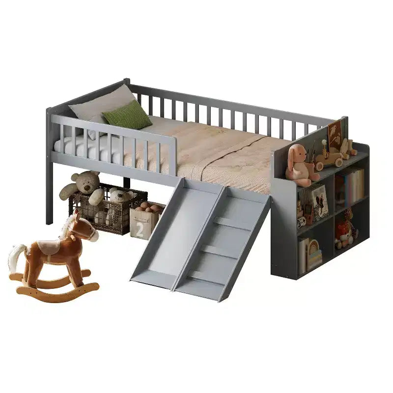 Struttura Letto a Soppalco Singolo per Bambini con Scivolo, Scala, Scaffale e Sponda di Protezione – Grigio
