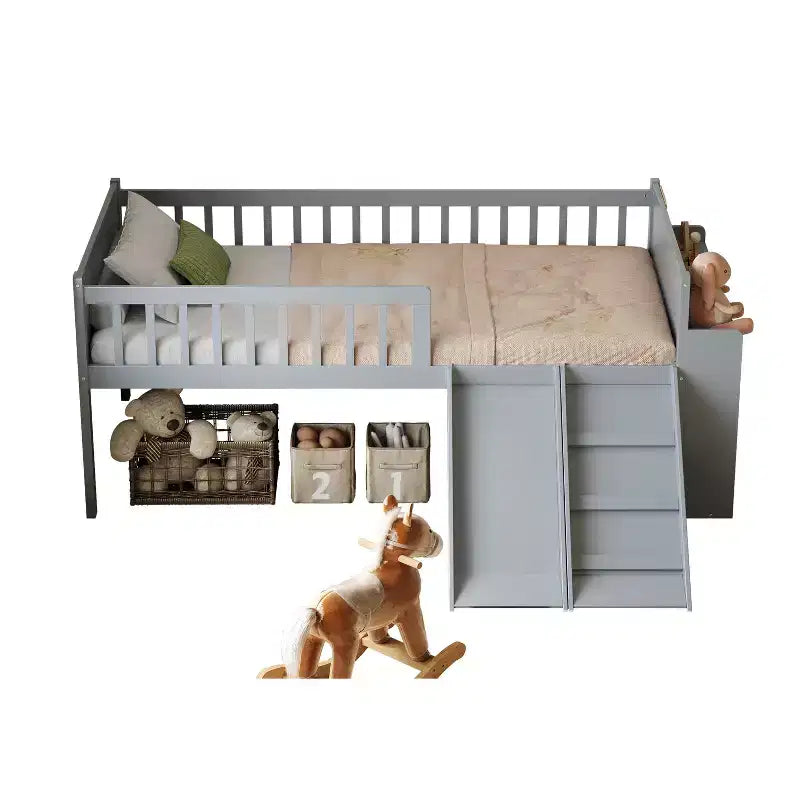 Struttura Letto a Soppalco Singolo per Bambini con Scivolo, Scala, Scaffale e Sponda di Protezione – Grigio