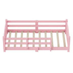 Letto a pavimento Montessori per bambini, una piazza, con doghe e sponde di protezione – Struttura letto in legno massiccio, rosa