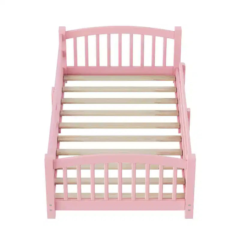 Letto a pavimento Montessori per bambini, una piazza, con doghe e sponde di protezione – Struttura letto in legno massiccio, rosa