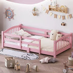 Letto a pavimento Montessori per bambini, una piazza, con doghe e sponde di protezione – Struttura letto in legno massiccio, rosa
