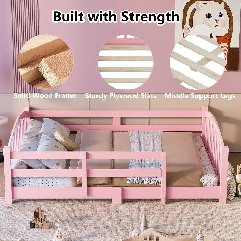 Letto a pavimento Montessori per bambini, una piazza, con doghe e sponde di protezione – Struttura letto in legno massiccio, rosa