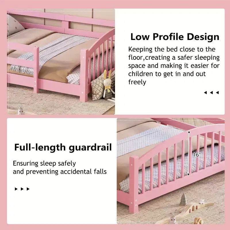 Letto a pavimento Montessori per bambini, una piazza, con doghe e sponde di protezione – Struttura letto in legno massiccio, rosa