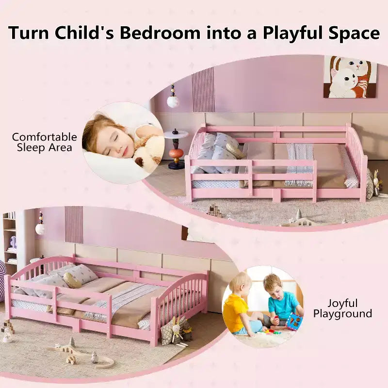 Letto a pavimento Montessori per bambini, una piazza, con doghe e sponde di protezione – Struttura letto in legno massiccio, rosa