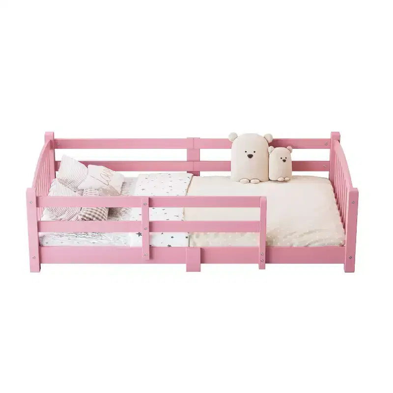 Letto a pavimento Montessori per bambini, una piazza, con doghe e sponde di protezione – Struttura letto in legno massiccio, rosa