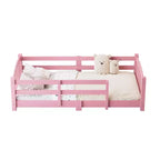 Letto a pavimento Montessori per bambini, una piazza, con doghe e sponde di protezione – Struttura letto in legno massiccio, rosa