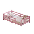 Letto a pavimento Montessori per bambini, una piazza, con doghe e sponde di protezione – Struttura letto in legno massiccio, rosa