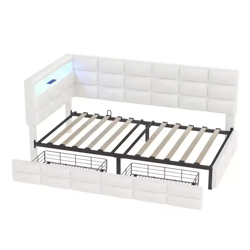 Lettino singolo con 2 cassetti portaoggetti, stazione di ricarica, luci a LED e testiera – Beige
