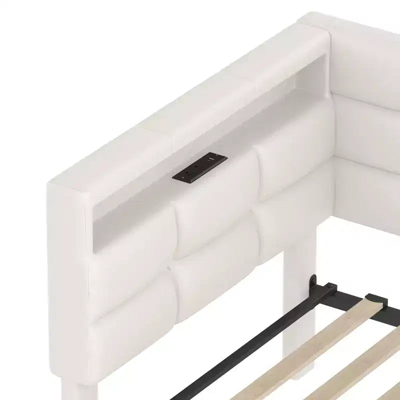 Lettino singolo con 2 cassetti portaoggetti, stazione di ricarica, luci a LED e testiera – Beige