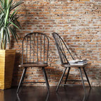 Sedia da pranzo Windsor a fusi bicolore – Set da 4, Struttura in metallo nero / Seduta impiallacciata marrone