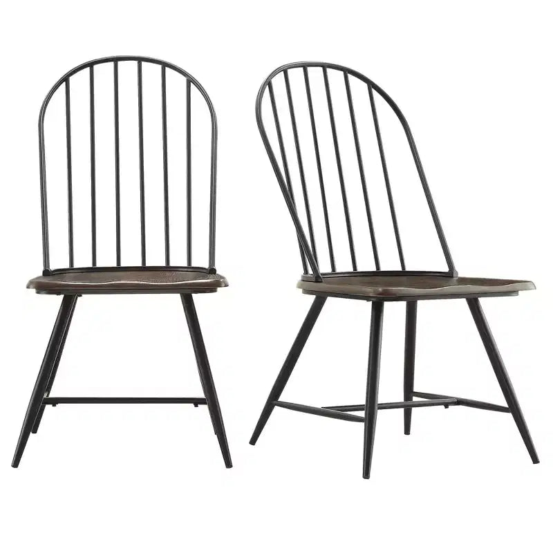 Sedia da pranzo Windsor a fusi bicolore – Set da 4, Struttura in metallo nero / Seduta impiallacciata marrone