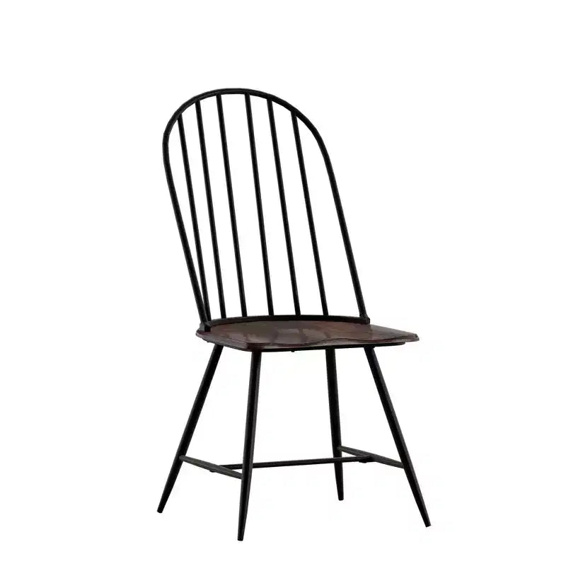 Sedia da pranzo Windsor a fusi bicolore – Set da 4, Struttura in metallo nero / Seduta impiallacciata marrone