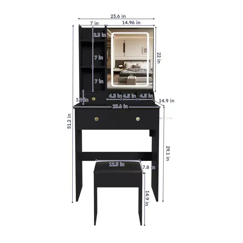 Moderna Toeletta in Legno con Specchio LED e Sedia da Trucco