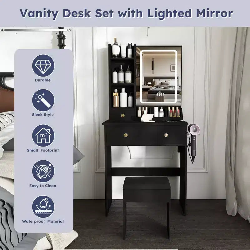 Moderna Toeletta in Legno con Specchio LED e Sedia da Trucco