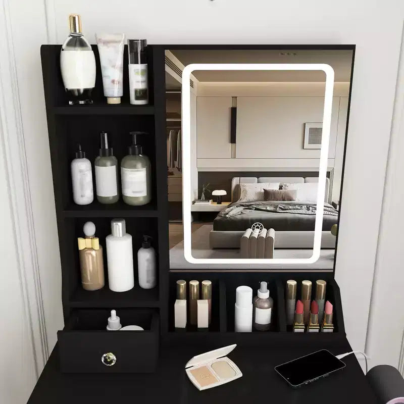 Moderna Toeletta in Legno con Specchio LED e Sedia da Trucco