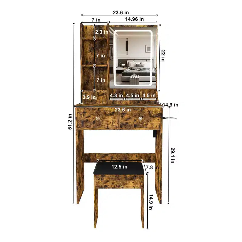 Moderna Toeletta in Legno con Specchio LED e Sedia da Trucco