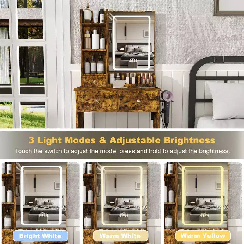 Moderna Toeletta in Legno con Specchio LED e Sedia da Trucco