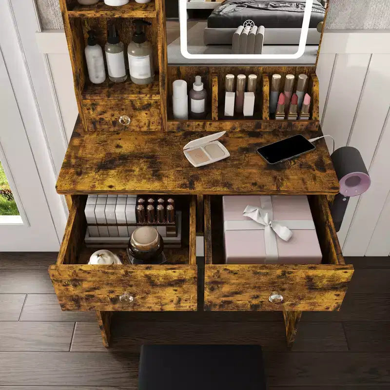Moderna Toeletta in Legno con Specchio LED e Sedia da Trucco
