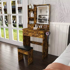 GDFStudio Sneha Modern Wooden Vanity Desk with Adjustable LED Light, Mirror and 1 Dressing Chair