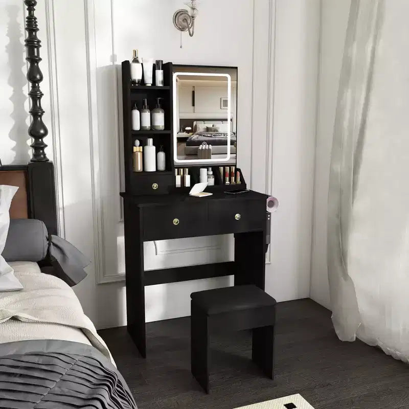 Moderna Toeletta in Legno con Specchio LED e Sedia da Trucco
