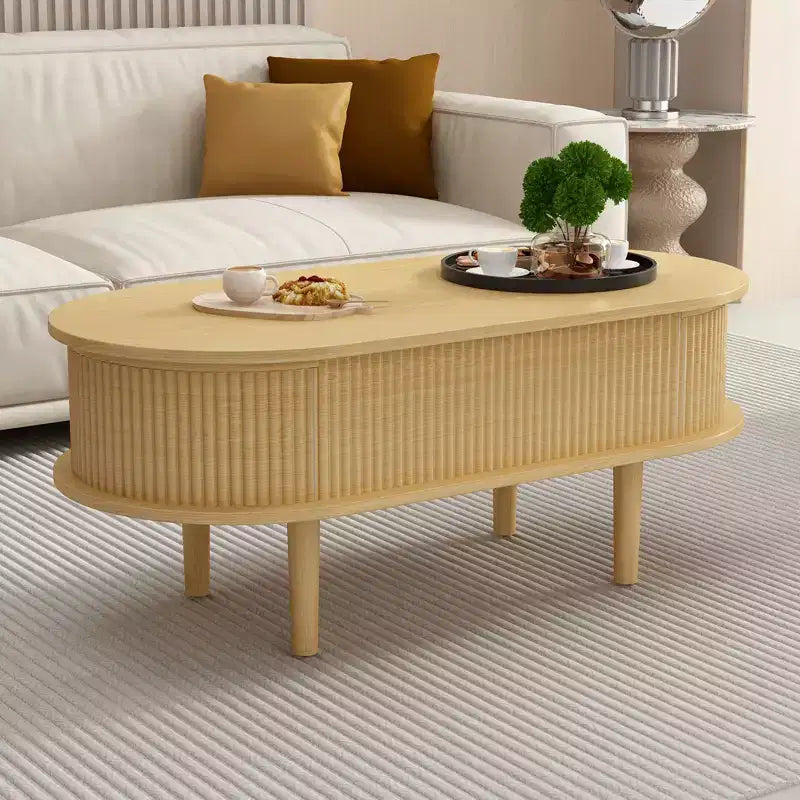 JVNOXK Fluted Lift Top Coffee Table with Hidden Compartment, Wooden Center Table, Modern Oval Lift Tabletop forLiving Room Office,Natural