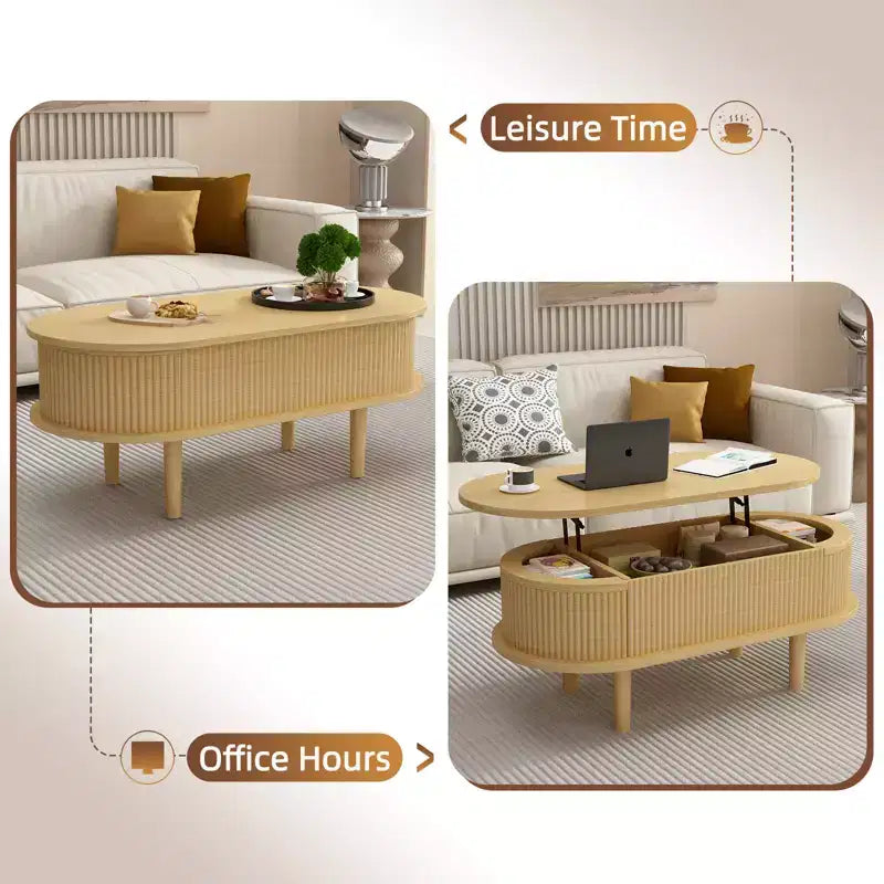 Tavolino da Caffè con Parte Superiore Sollevabile Scanalata e Vano Nascosto, Top Ovale in MDF, Finitura Naturale