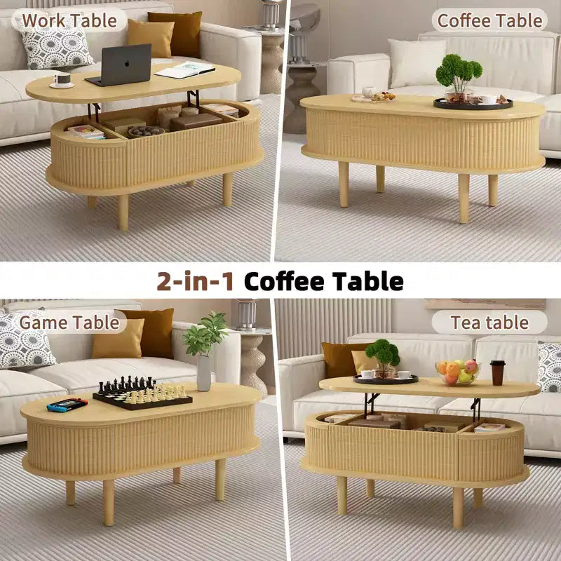 Tavolino da Caffè con Parte Superiore Sollevabile Scanalata e Vano Nascosto, Top Ovale in MDF, Finitura Naturale