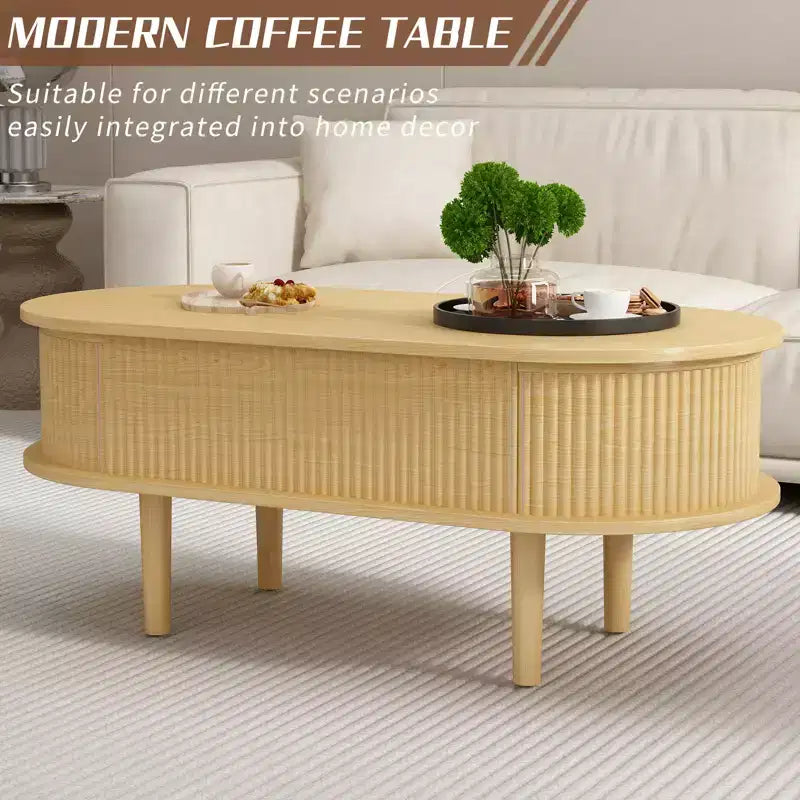 Tavolino da Caffè con Parte Superiore Sollevabile Scanalata e Vano Nascosto, Top Ovale in MDF, Finitura Naturale
