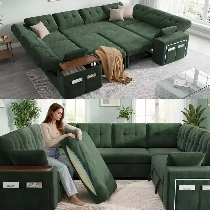 Divano Sezionale Modulare Trasformabile da 284 cm con Letto Estraibile e Contenitore