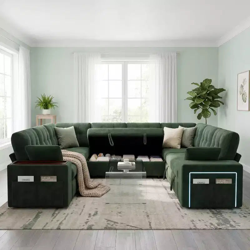 Divano Sezionale Modulare Trasformabile da 284 cm con Letto Estraibile e Contenitore