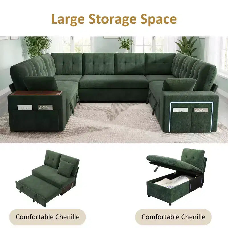 Divano Sezionale Modulare Trasformabile da 284 cm con Letto Estraibile e Contenitore